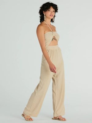 Coastal Cutie Halter Cutout Striped Linen Jumpsuit