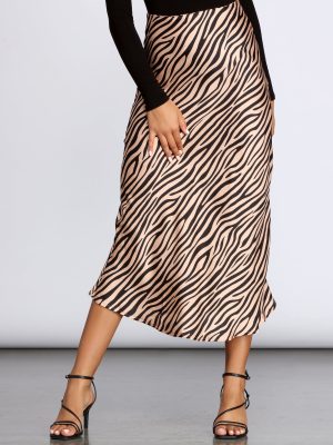 Zebra Flared Midi Satin Skirt