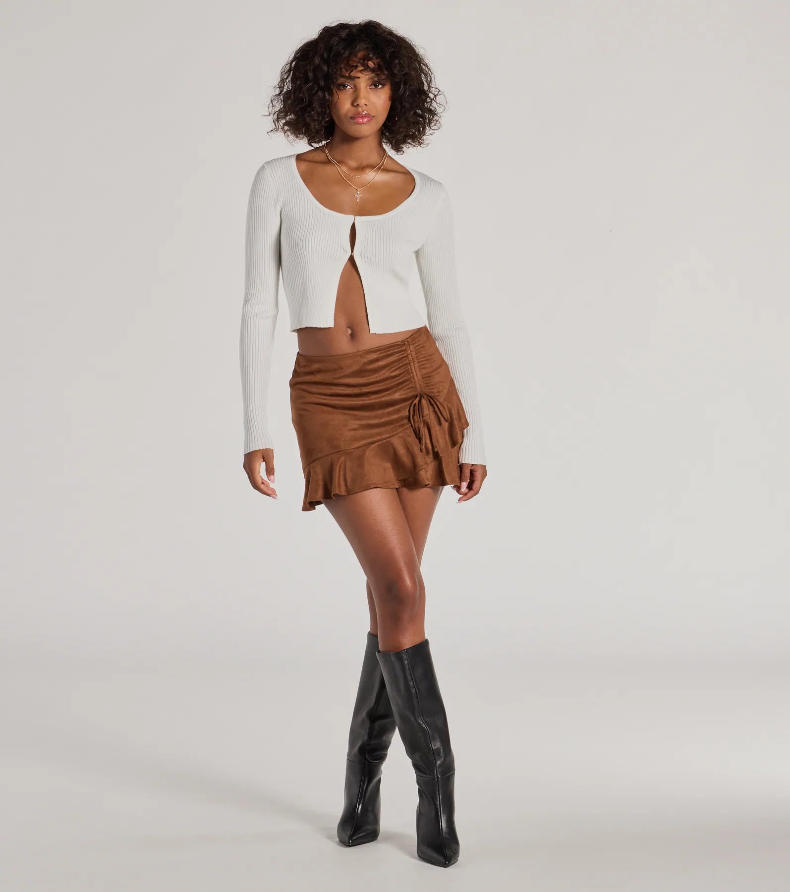 Charming Aura Faux Suede Ruched Ruffled Skort - Image 3