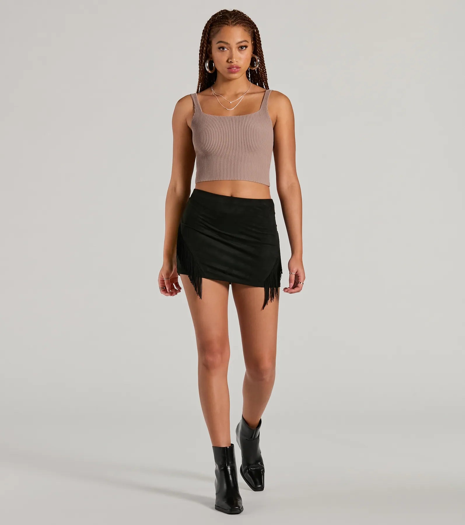 Boho Flair High Rise Fringe Faux Suede Mini Skirt - Image 4