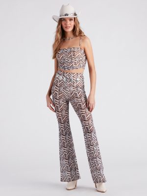 Cute In Chevron Print Mesh Flare Pants
