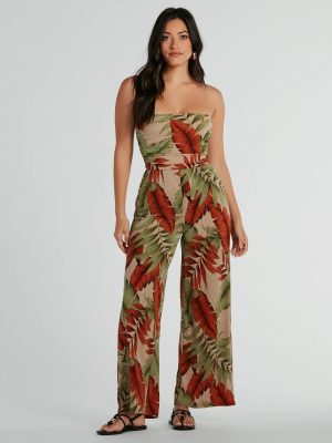 Vacay Mood Strapless Tropical Knit Jumpsuit