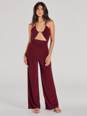 Enticing Sass Halter Cutout Wide-Leg Jumpsuit