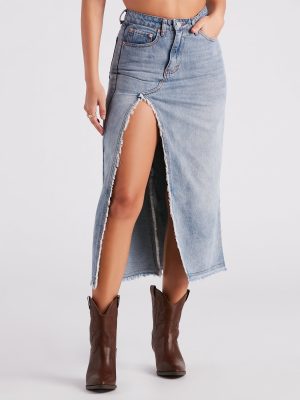 Babe In Denim High Slit Midi Skirt