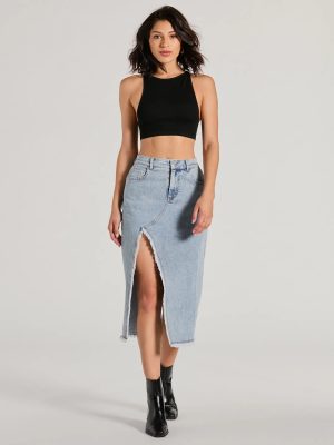 Cool Composure High-Rise Frayed Slit Denim Midi Skirt