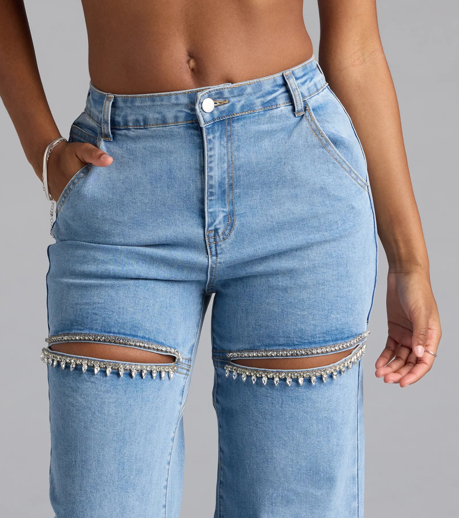 So Obsessed Rhinestone Cutout Straight Leg Denim Jeans - Image 7