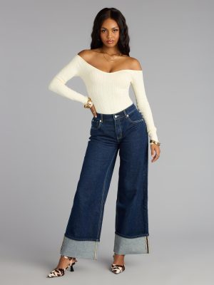 High Roll Mid-Rise Straight Leg Denim Jeans