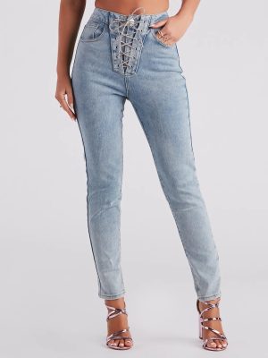Glam Trendsetter Rhinestone Lace-up Skinny Jeans
