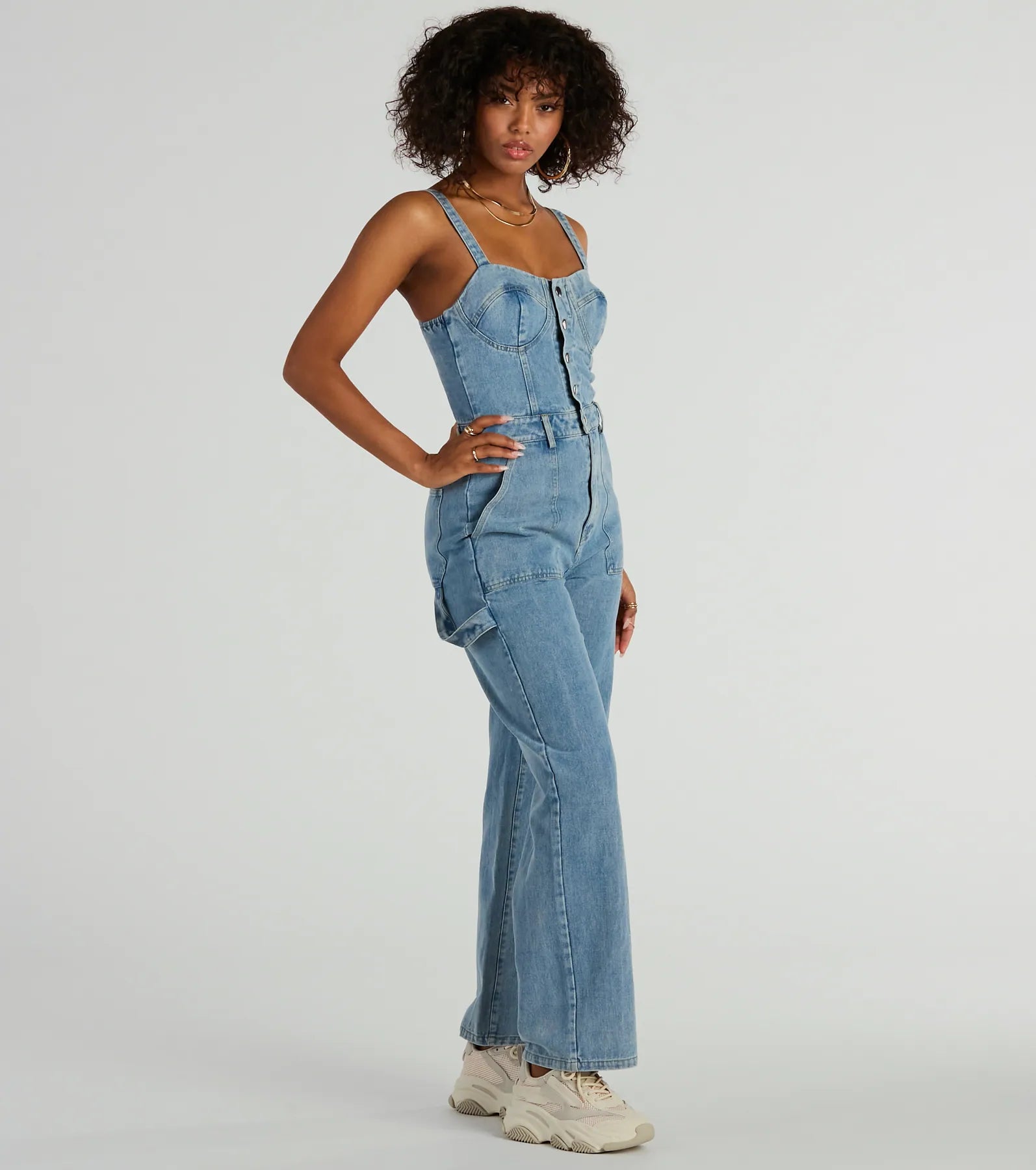 Trendy Perfection Button Up Wide Leg Denim Jumpsuit - Image 4
