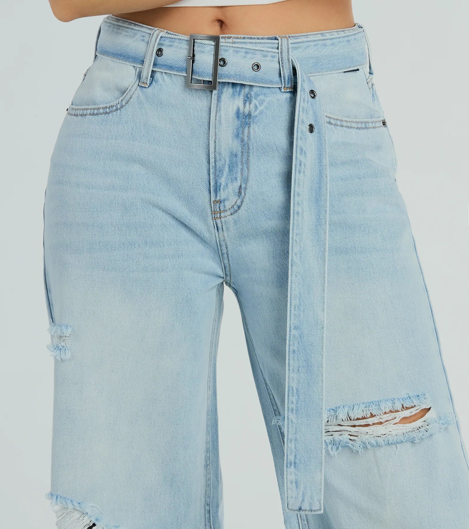 Cool Vibes High-Rise Belted Destructed Wide-Leg Jeans - Image 4