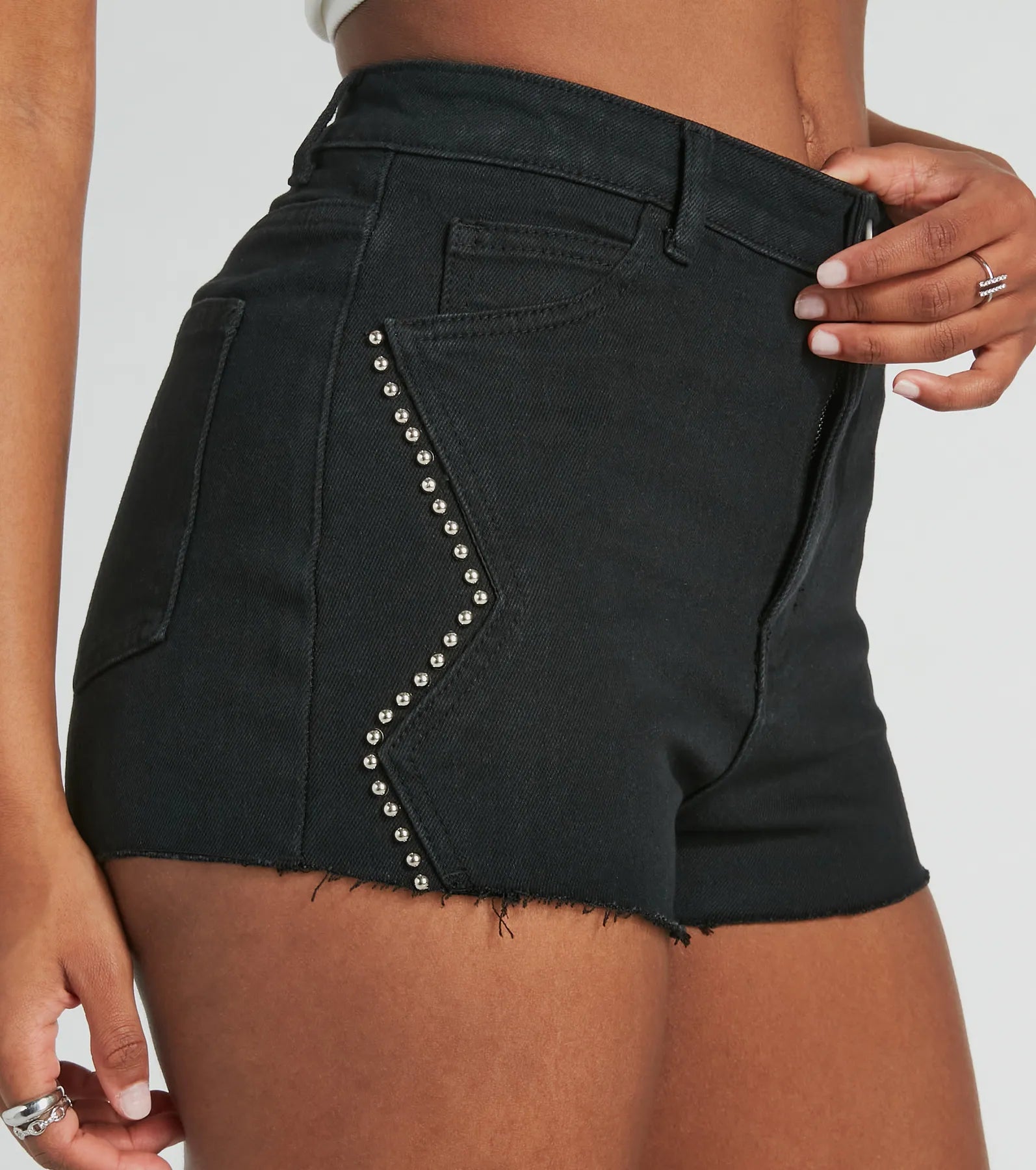 Chic Edginess High Rise Studded Denim Shorts - Image 4