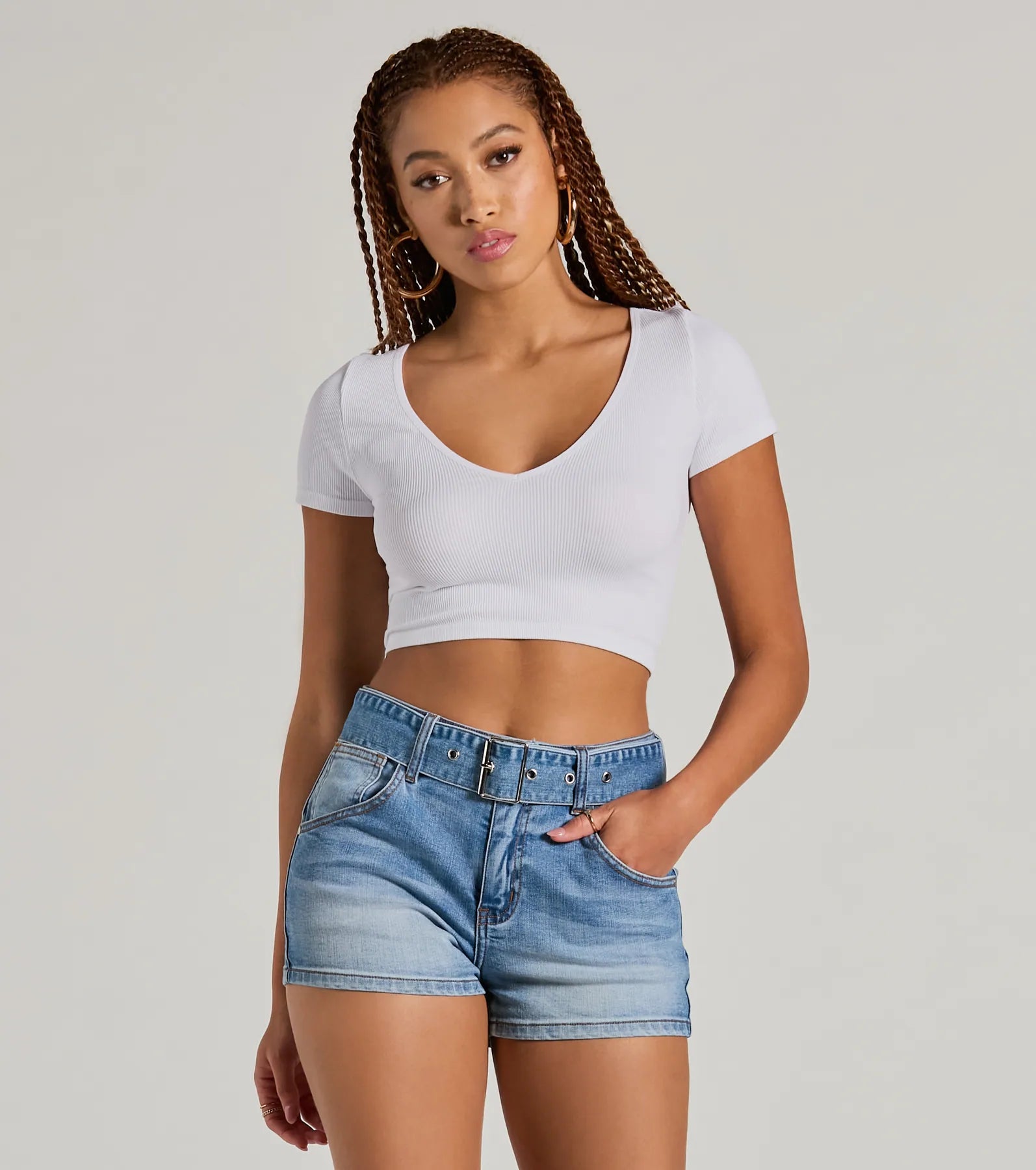 Summer Girlie Mid Rise Belted Denim Shorts - Image 5