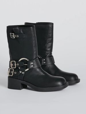 Sleek Deets Strappy Faux Leather Biker Boots