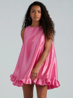 Maizie Taffeta Faux Pearl Button A-Line Dress