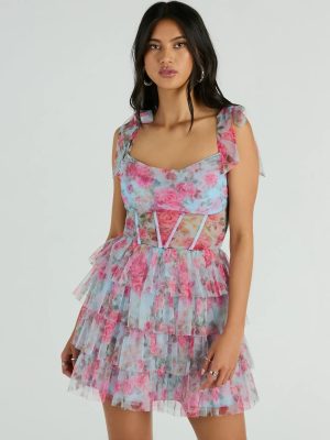 Mandy Corset Ruffle Rose Floral A-Line Party Dress