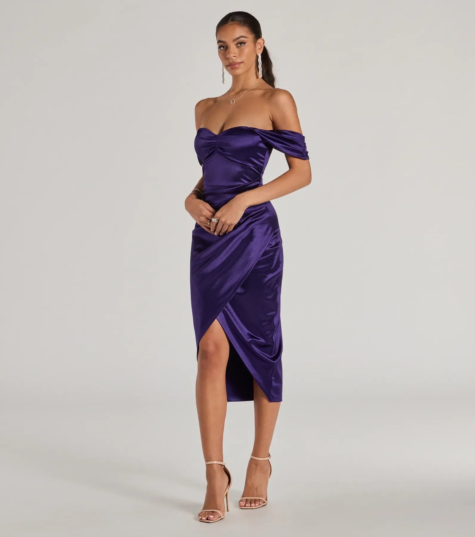 Gaia Satin Off-The-Shoulder Wrap Midi Dress - Image 4
