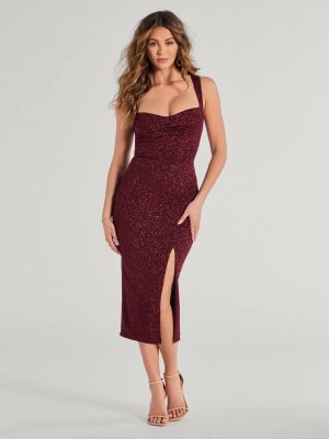 Arlette Lace-Up High Slit Glitter Knit Midi Dress