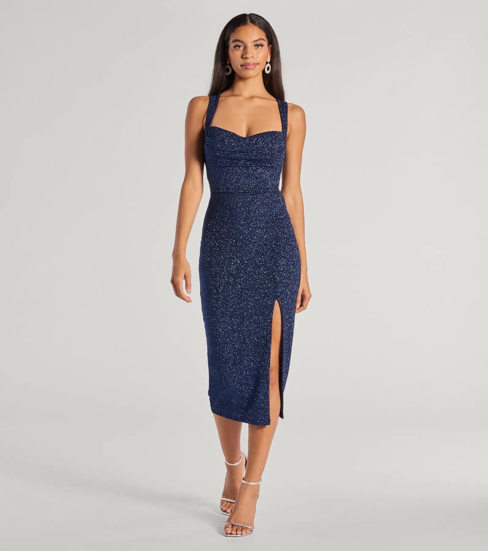 Arlette Lace-Up High Slit Glitter Knit Midi Dress - Image 5