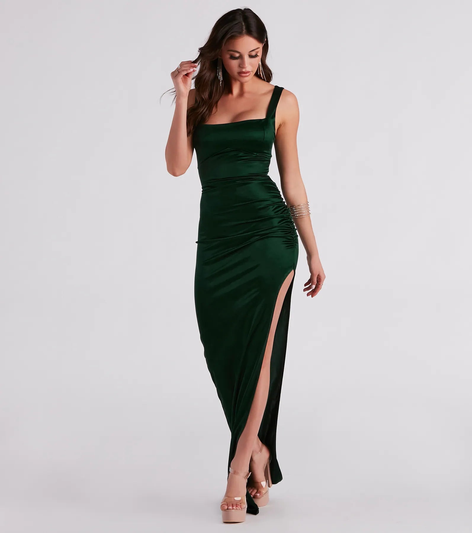 Lia Ruched Satin High Slit Formal Dress - Image 5