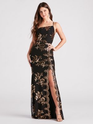 Kamryn Floral Sequin High Slit Formal Dress