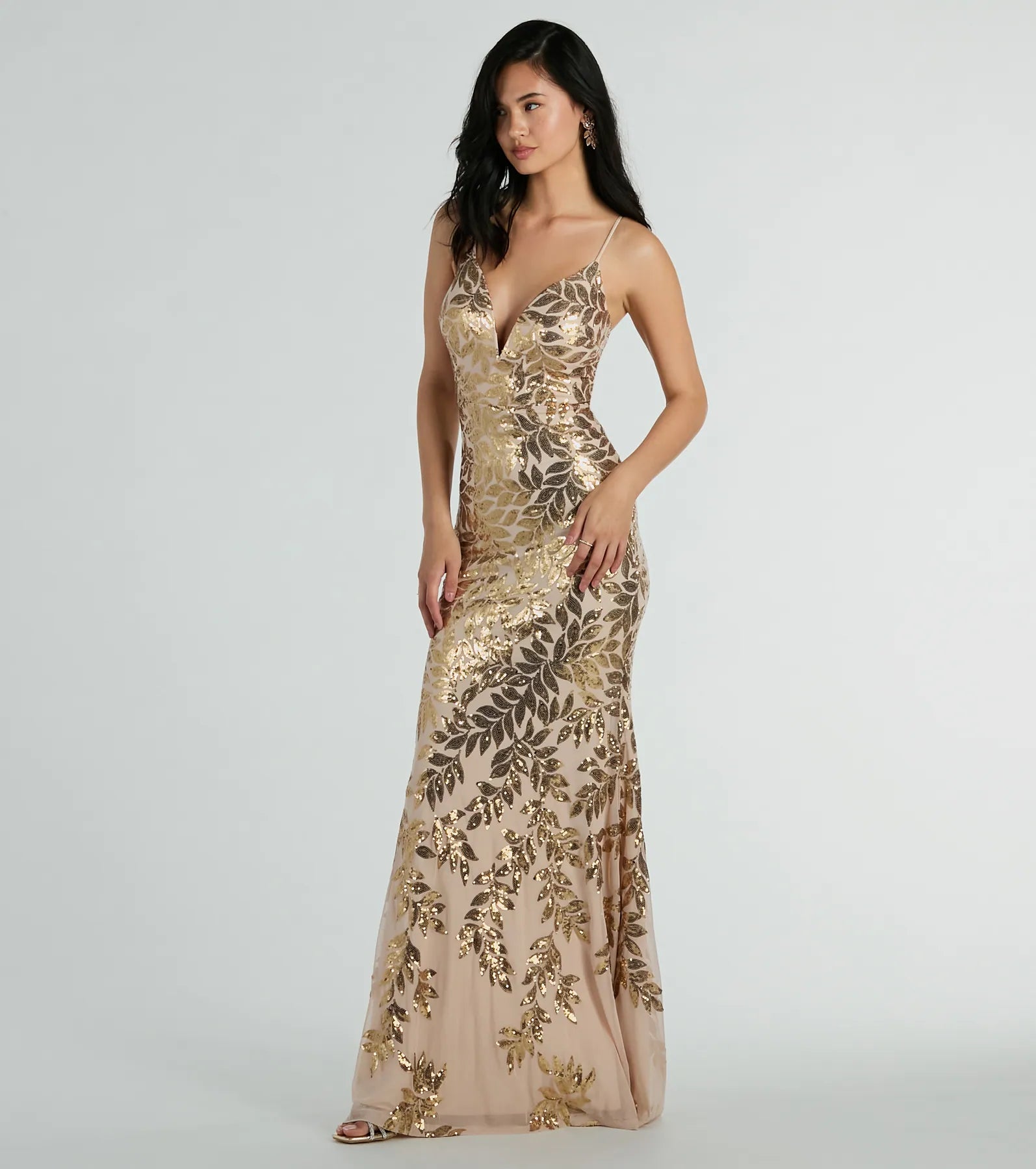Brie Formal Sequin Leaf Plunge Mermaid Dress - Image 4