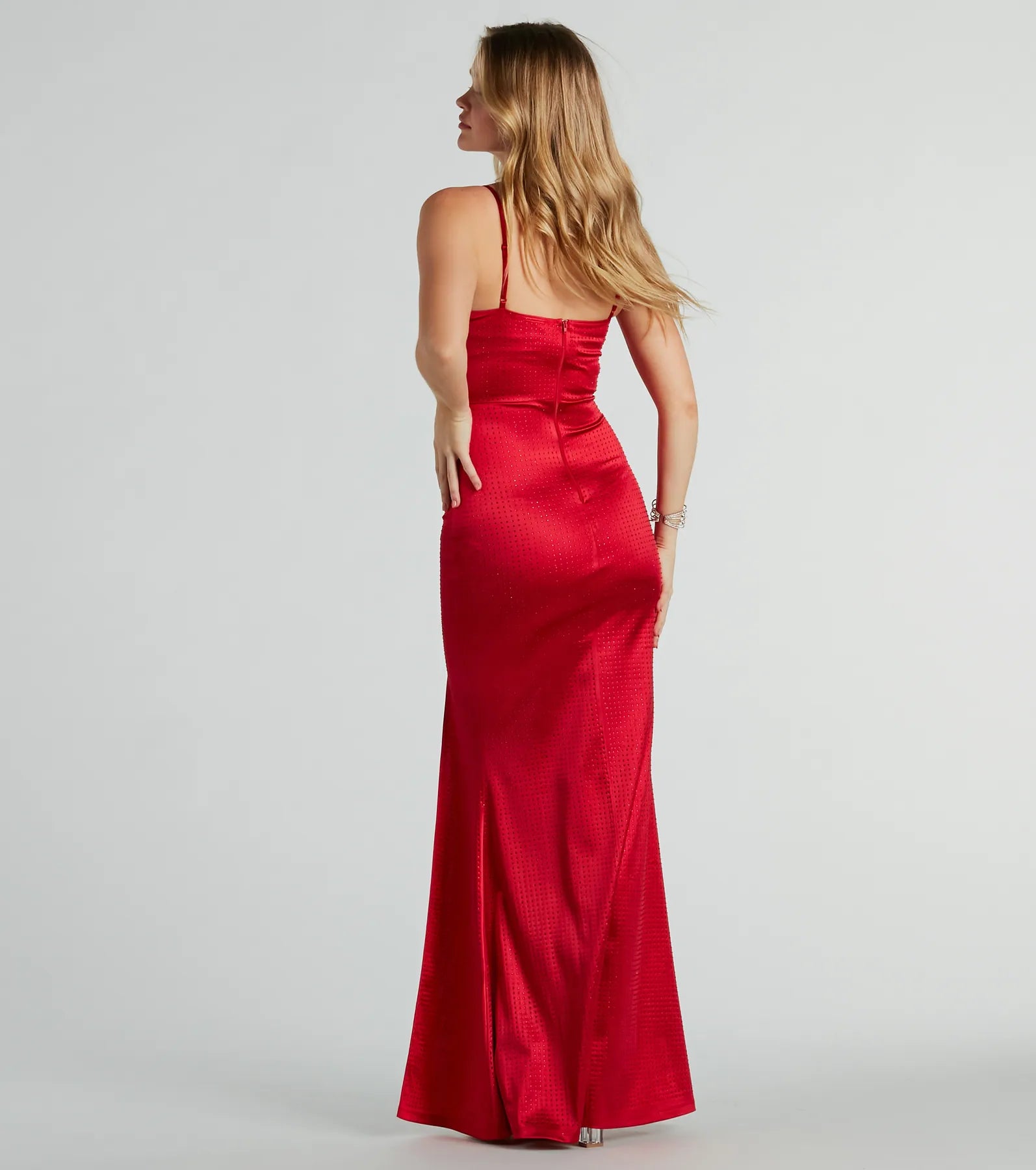 Hallie Rhinestone Satin High Slit Mermaid Dress - Image 4