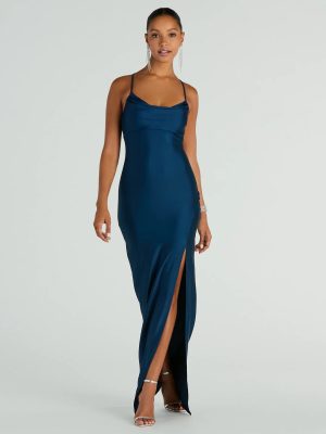 Natalie Cowl Neck Lace-Up Slit Column Dress