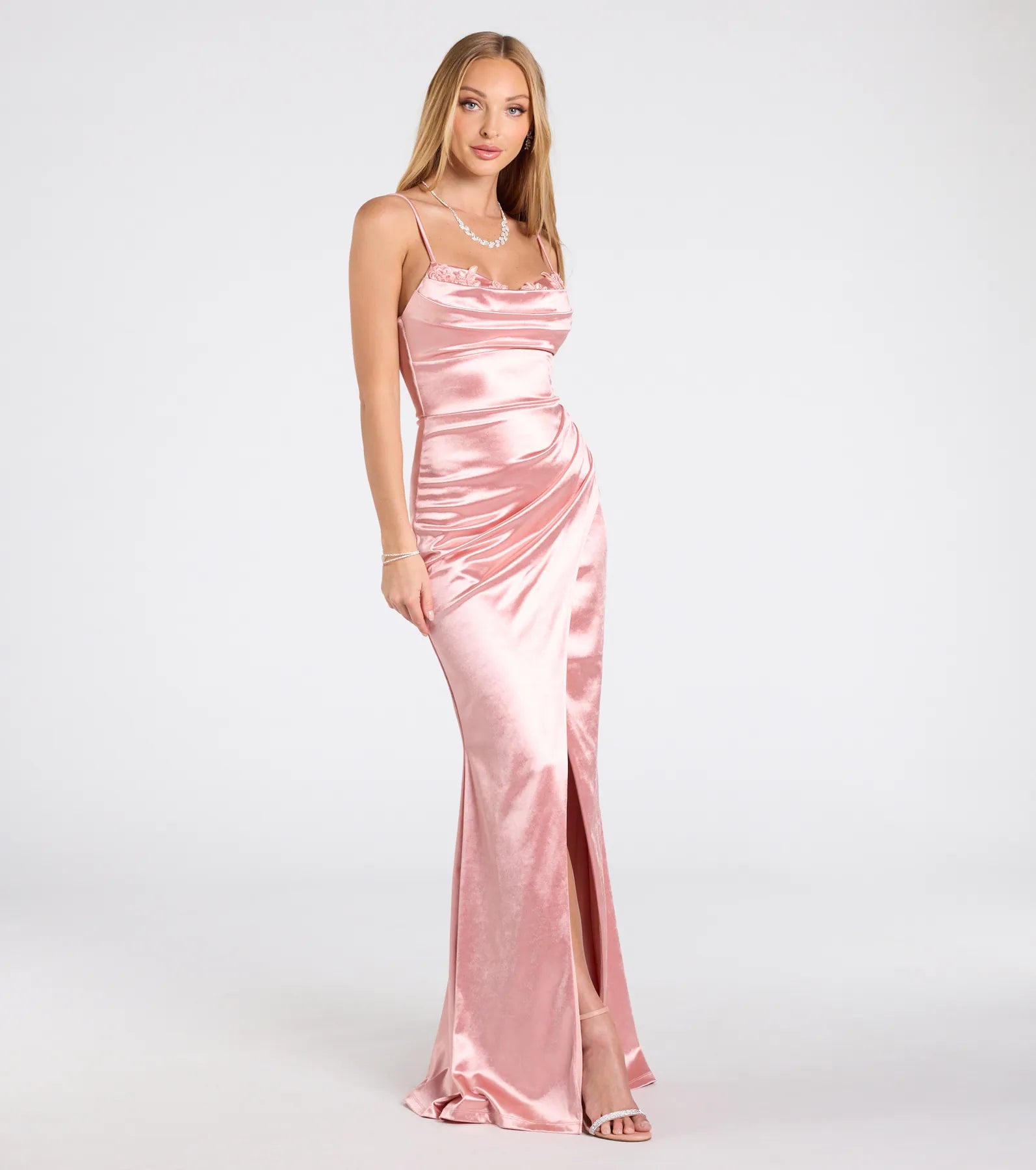 Michelle Applique Trim Wrap Satin Formal Dress - Image 8