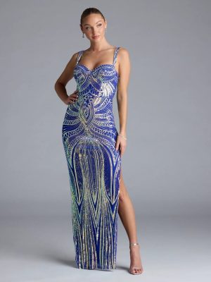 Elisa Iridescent Sequin High Slit Column Dress