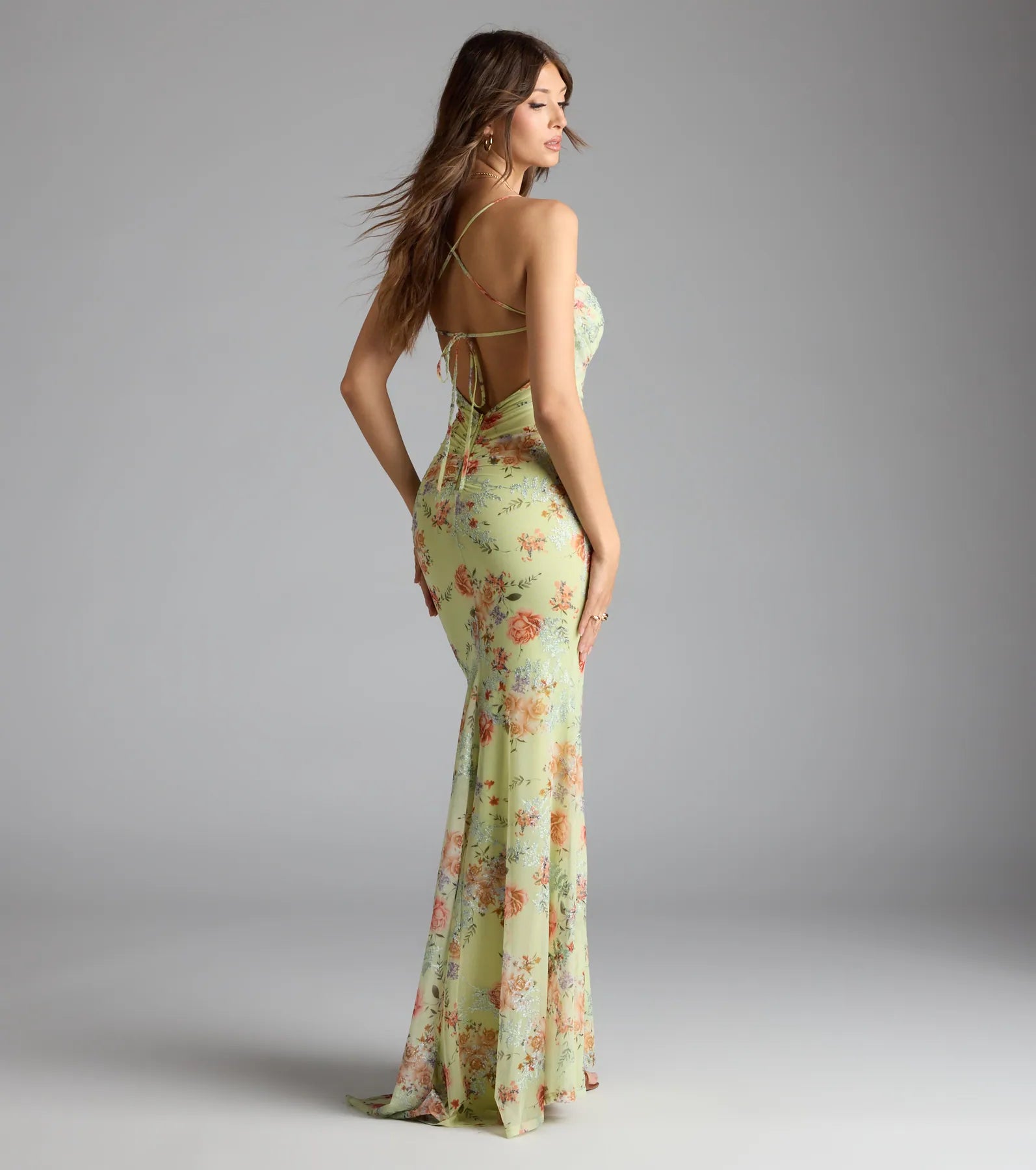 Rosalee Lace-Up Floral Mesh Formal Dress - Image 2