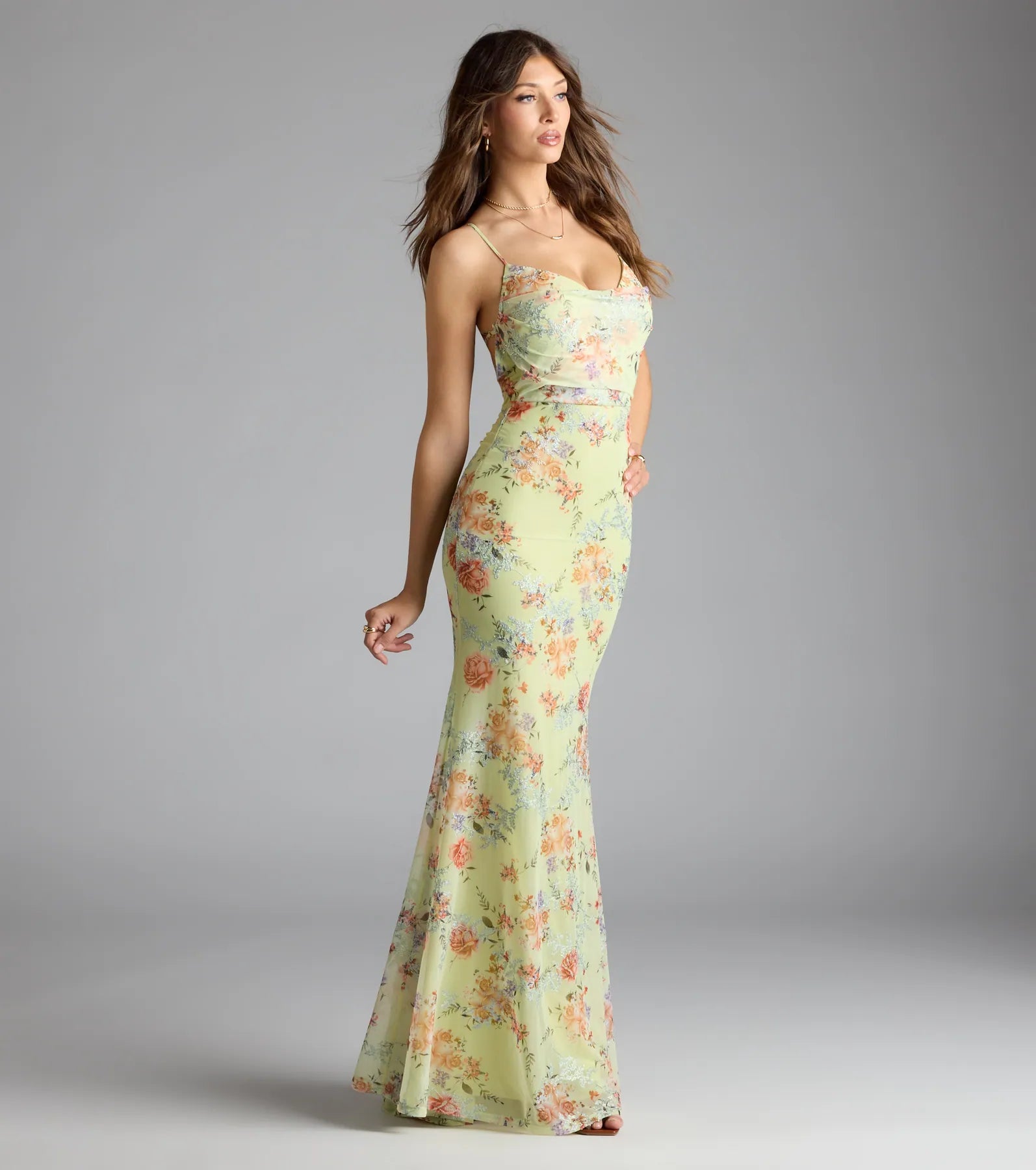 Rosalee Lace-Up Floral Mesh Formal Dress - Image 4