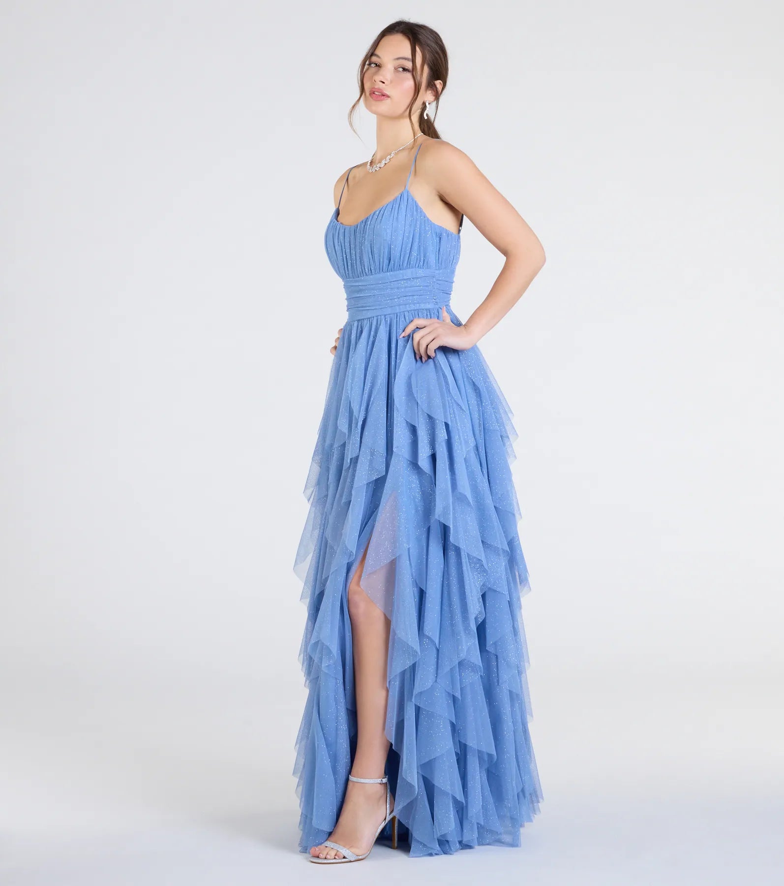 Katrina Ruffled Slit A-Line Glitter Mesh Formal Dress - Image 4
