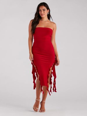 Flirtatious Aura Ruffled High Slit Midi Dress