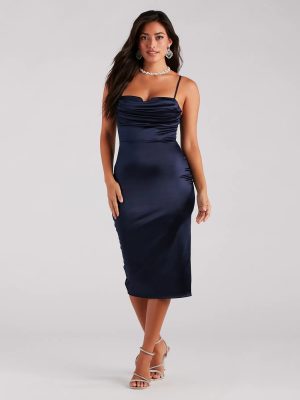 Feminine Chic Satin Cowl Neck Midi Dress
