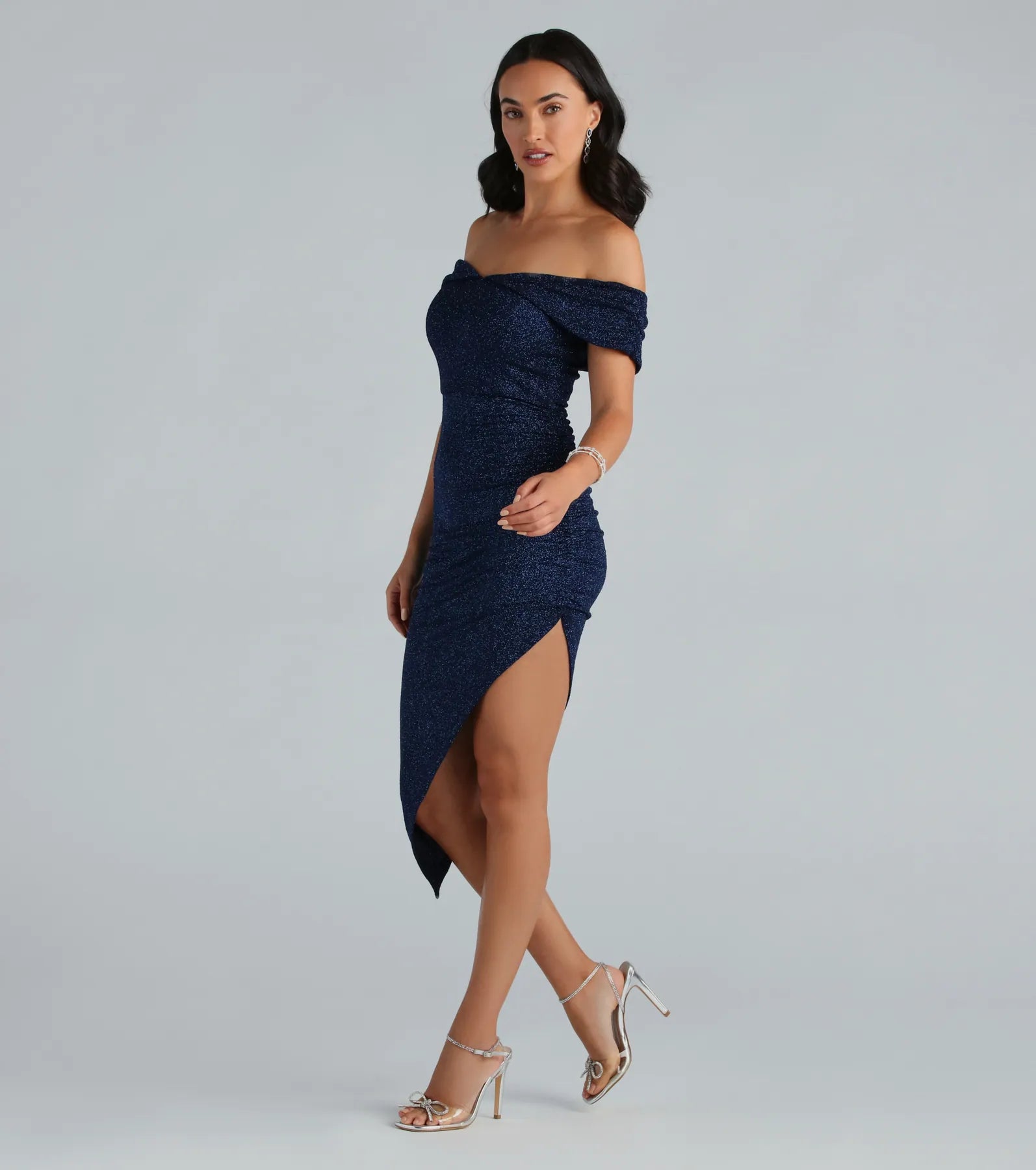 Unforgettable Glitter Off The Shoulder Midi Dress - Image 3