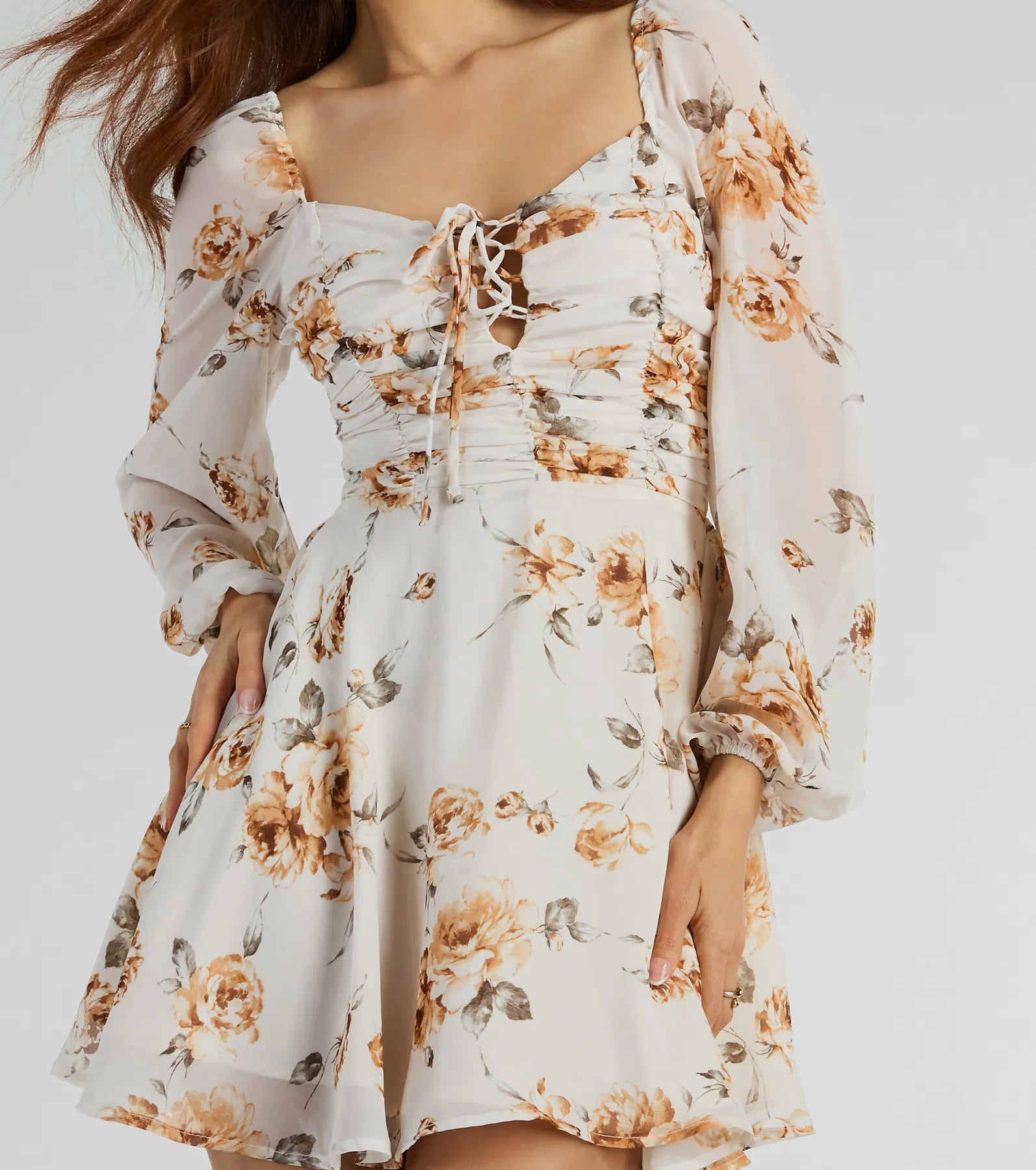 Gorgeous Mood Lace Up Floral Chiffon Skater Dress - Image 4