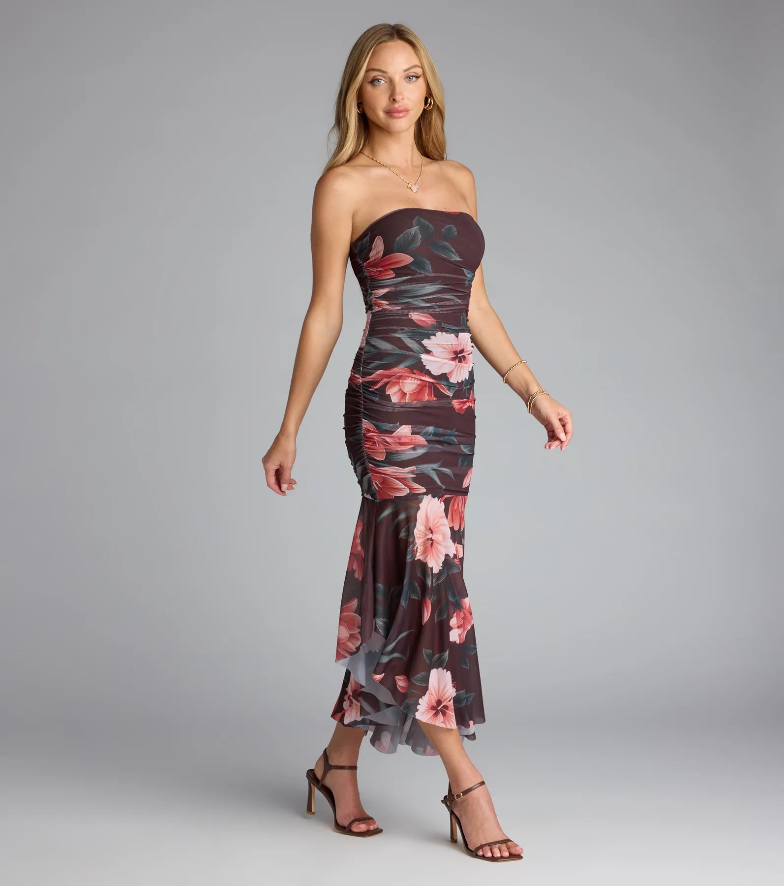 Golden Hour Tropical Floral Mesh Midi Dress - Image 4