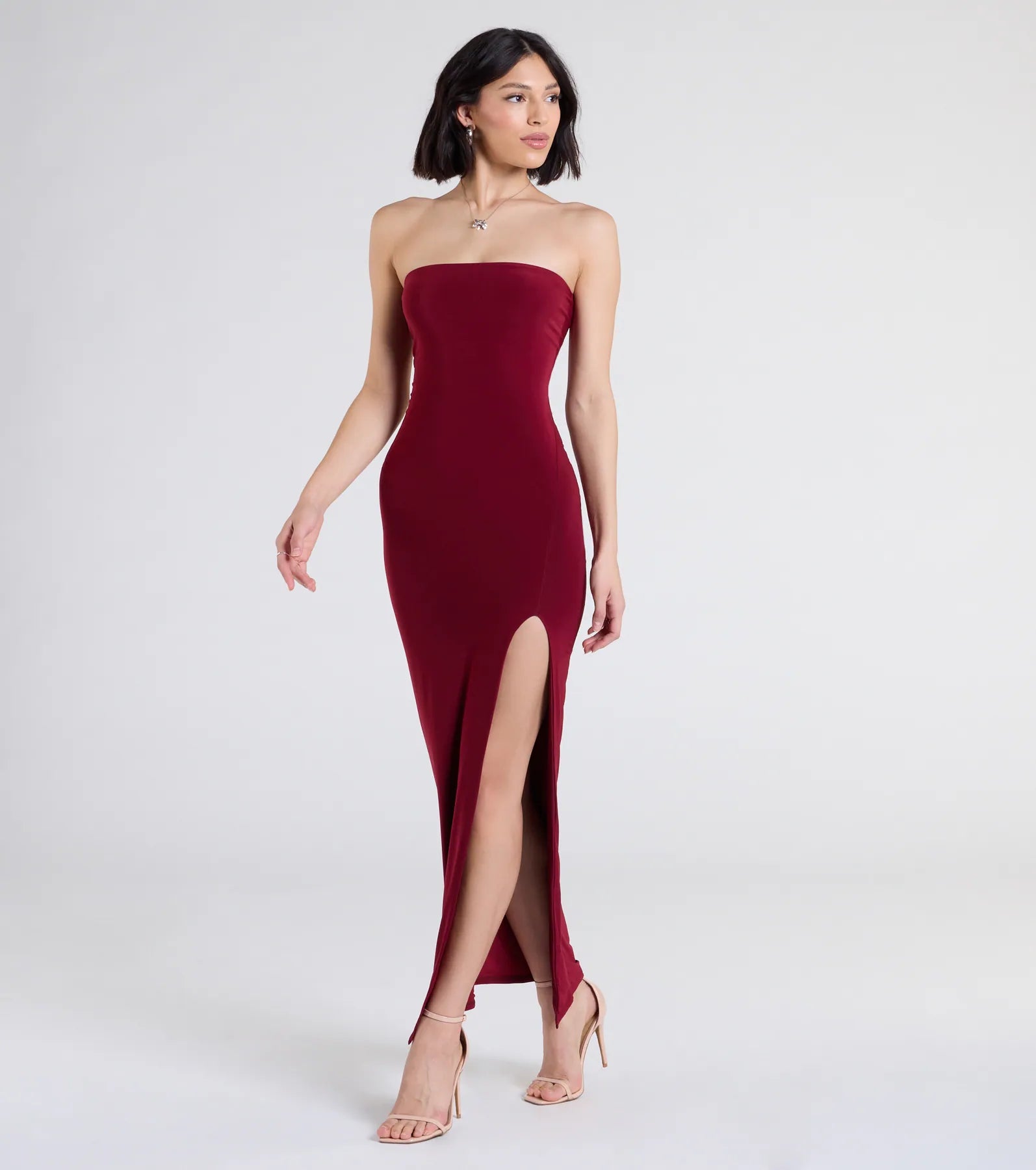 Sleek Fit Strapless High Slit Maxi Dress - Image 4