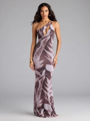 Vacay Mode Tropical Print One-Shoulder Maxi Dress