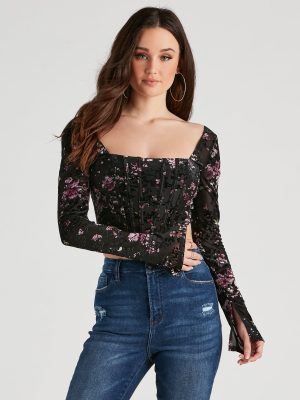 Trendy Florals Flocked Velvet Corset Top