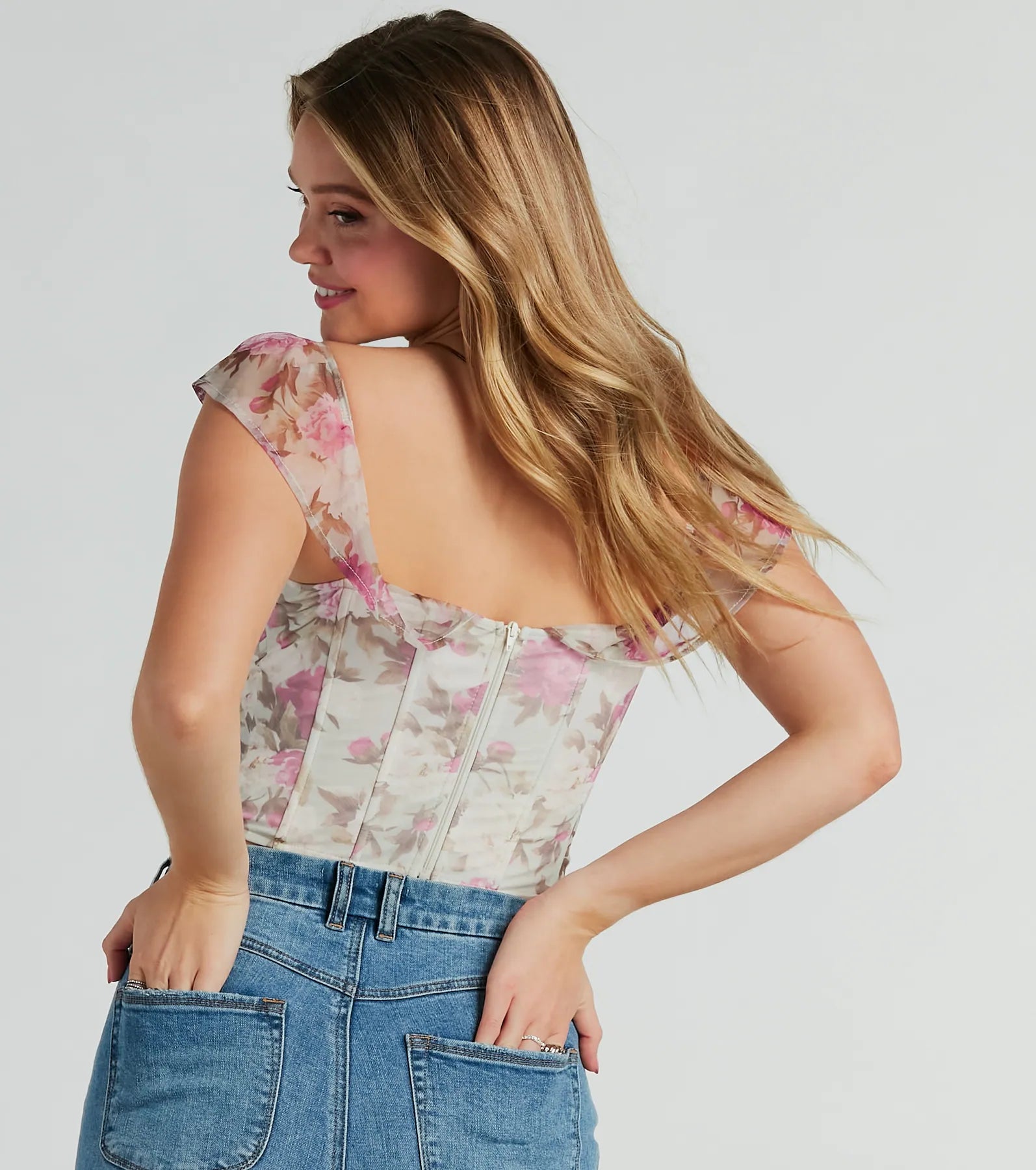 Gorgeous Blooms Lace-Up Floral Mesh Corset Top - Image 3