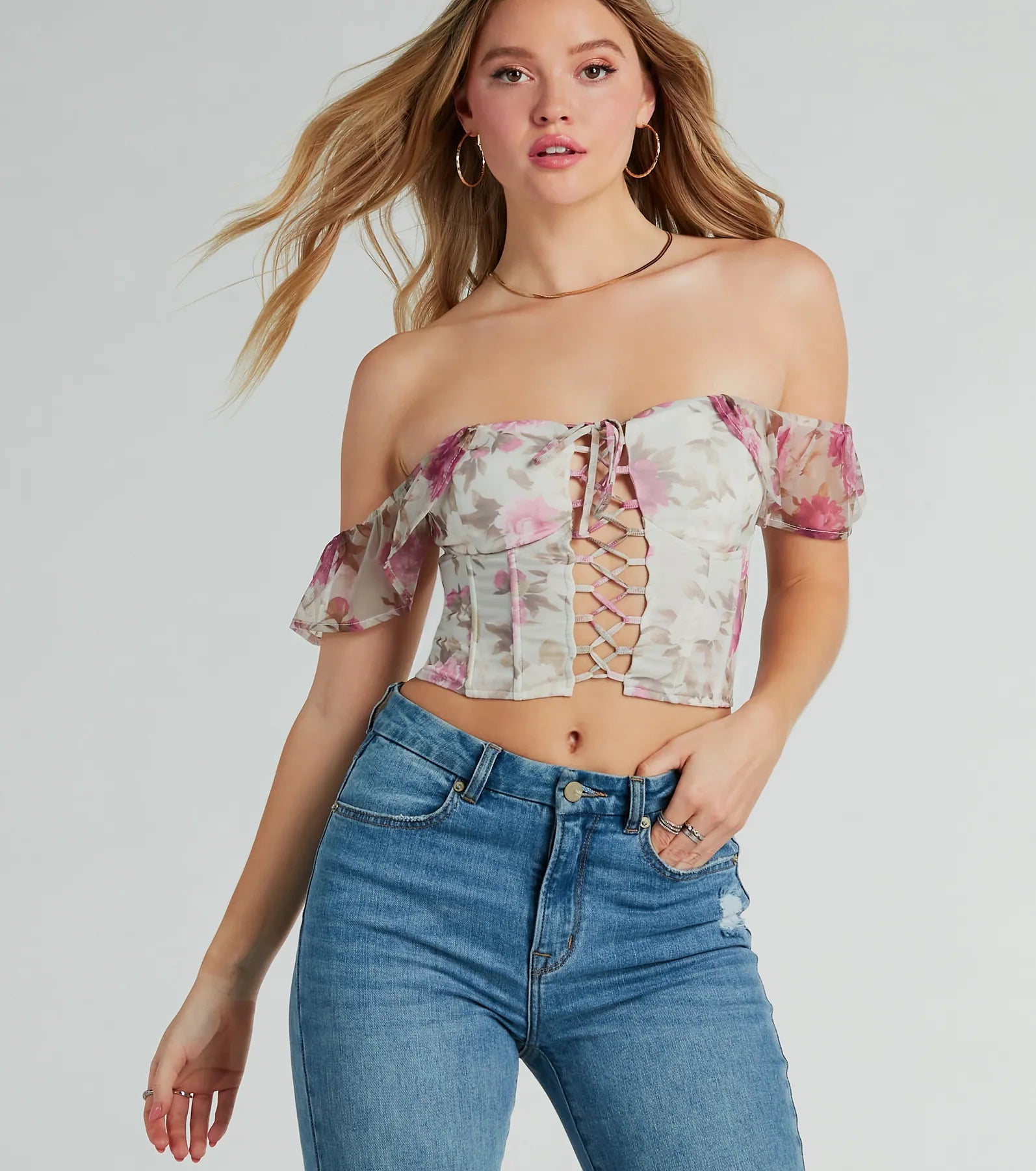 Gorgeous Blooms Lace-Up Floral Mesh Corset Top - Image 4