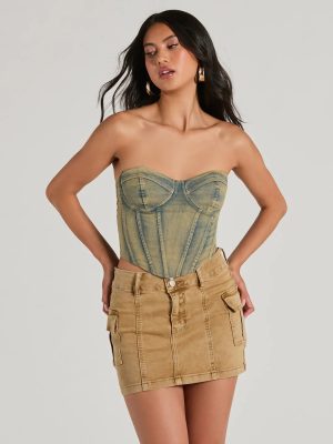 Vintage Vibes Strapless Lace-Up Denim Corset Top