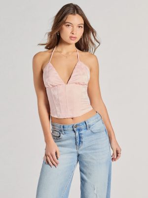 All The Feels Halter Lace-Up Floral Satin Corset Top