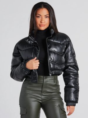 Slick Style Faux Leather Cropped Puffer Jacket