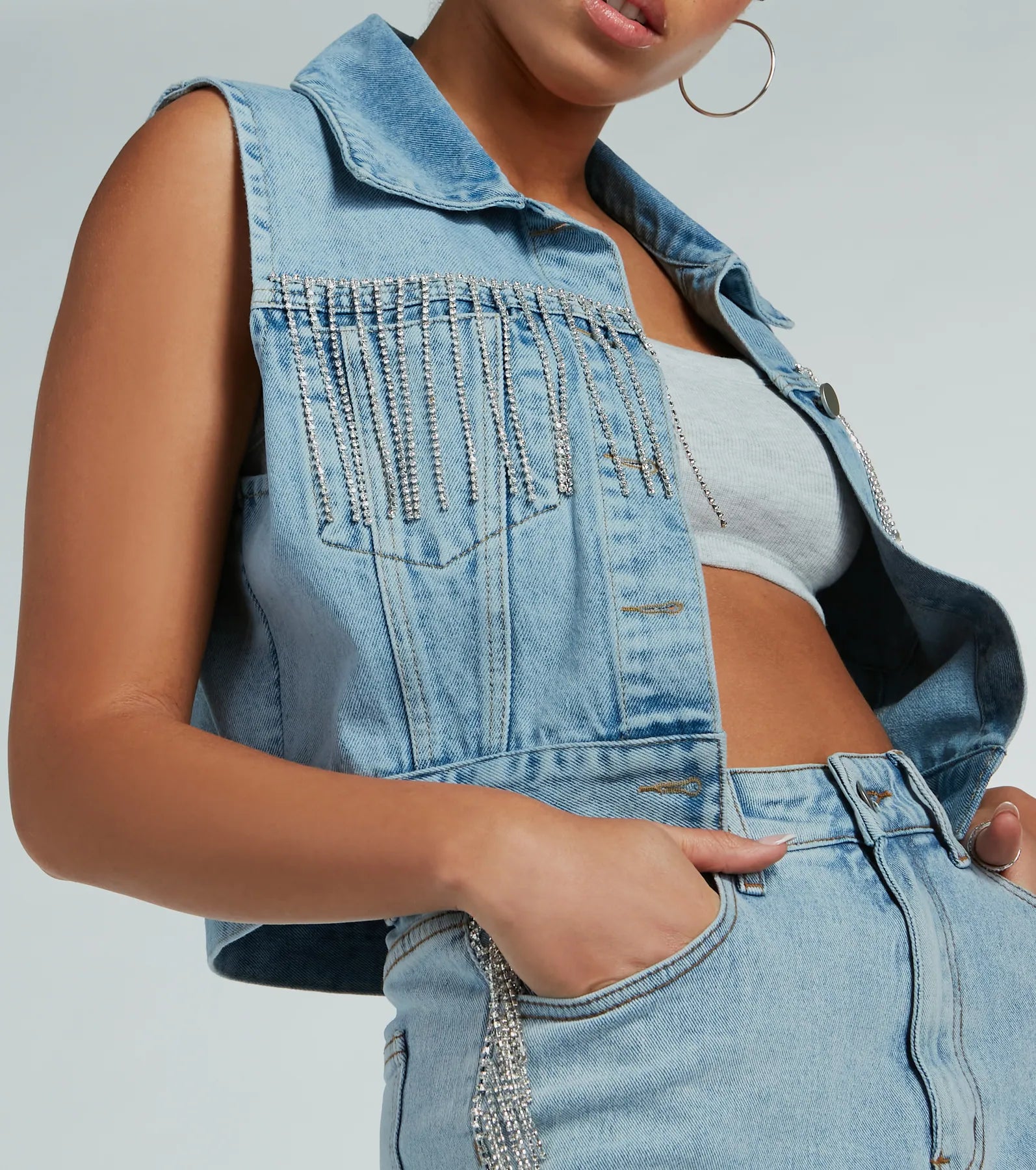 Country Glamour Rhinestone Fringe Denim Vest - Image 4