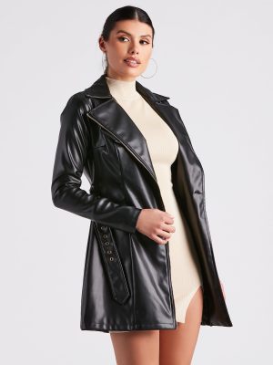 Cinched And Chic Faux Leather Trench Coat