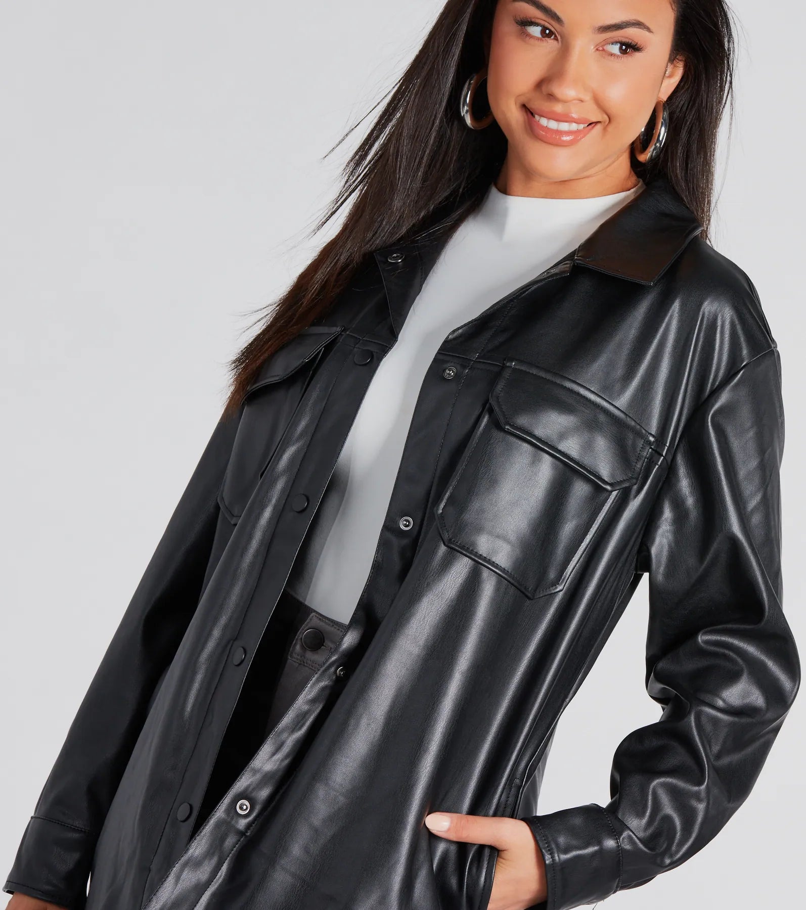 Cool-Girl Moment Long Faux Leather Shacket - Image 3