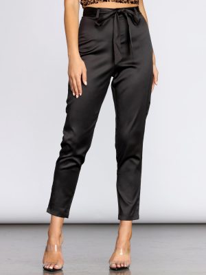 Tie Waist Satin Tapered Pants