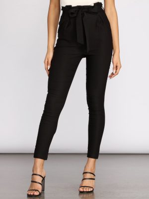 High Rise Tie Front Paper Bag Skinny Pants
